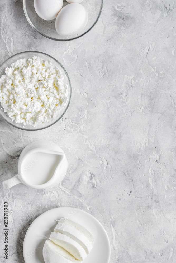 proteic breakfast concept with dairy products on table top view 