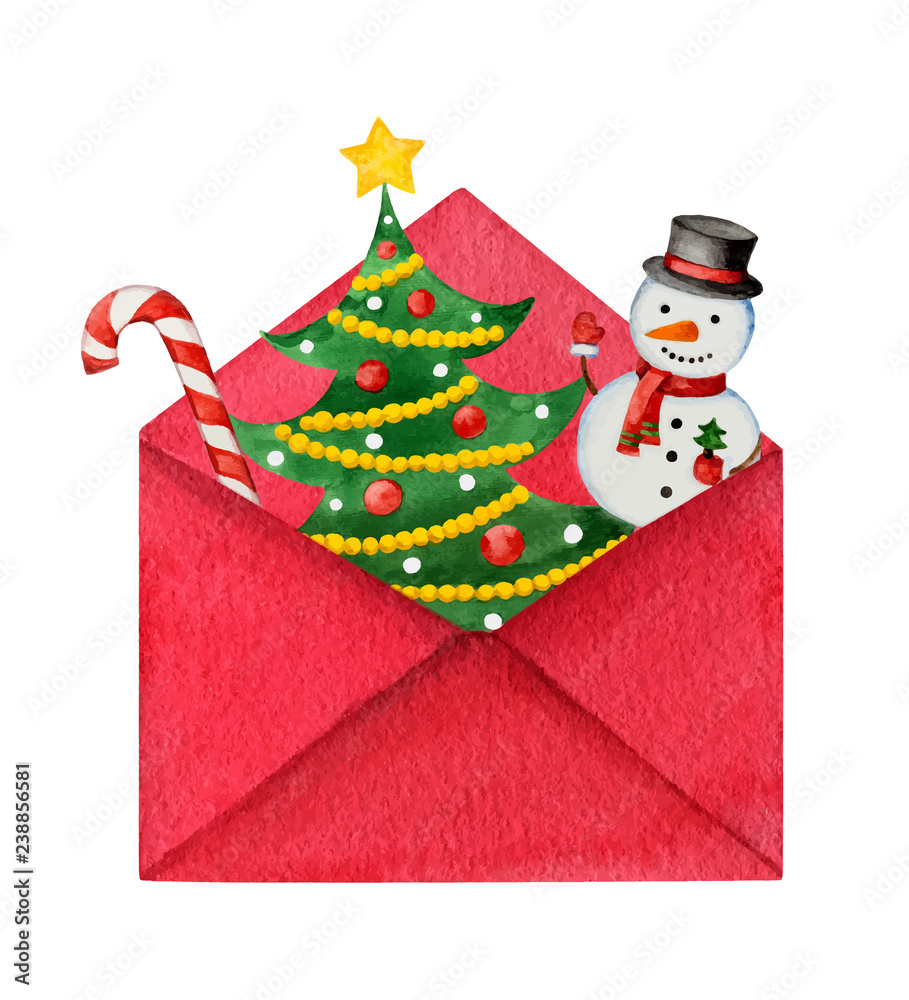 Watercolor vector postal envelope with a Christmas tree, candy and snowman.