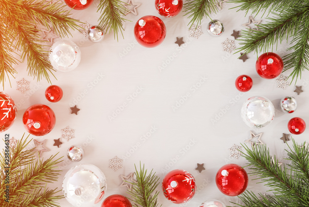 Christmas card mockup with red baubles 3D rendering