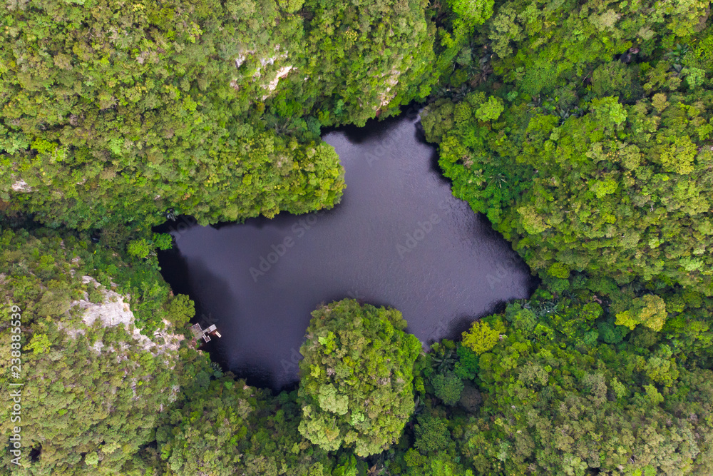 Drone view of lake where is called as mirror lake in Ipoh, Malaysia