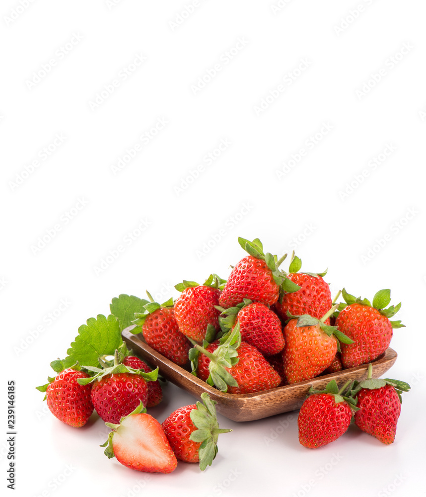 A bowl of beautiful strawberries isolated on white background with clipping path, close up, macro.