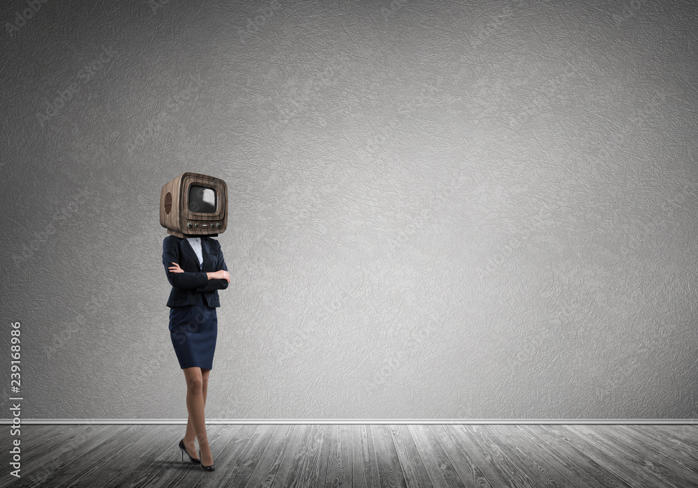 Business woman with an old TV instead of head.