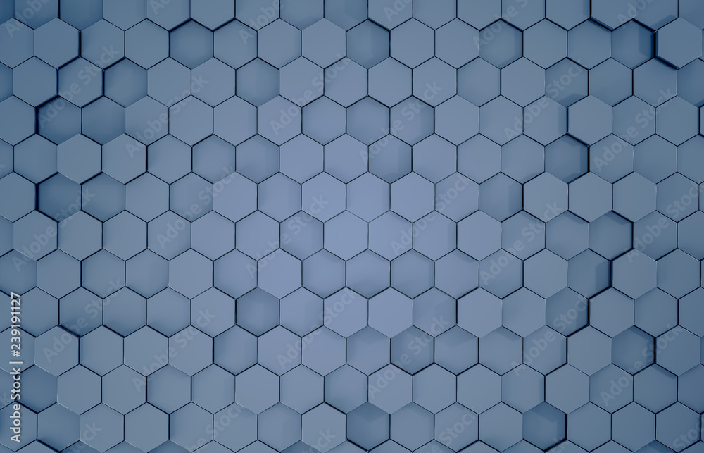 Black blue hexagons background pattern 3D rendering