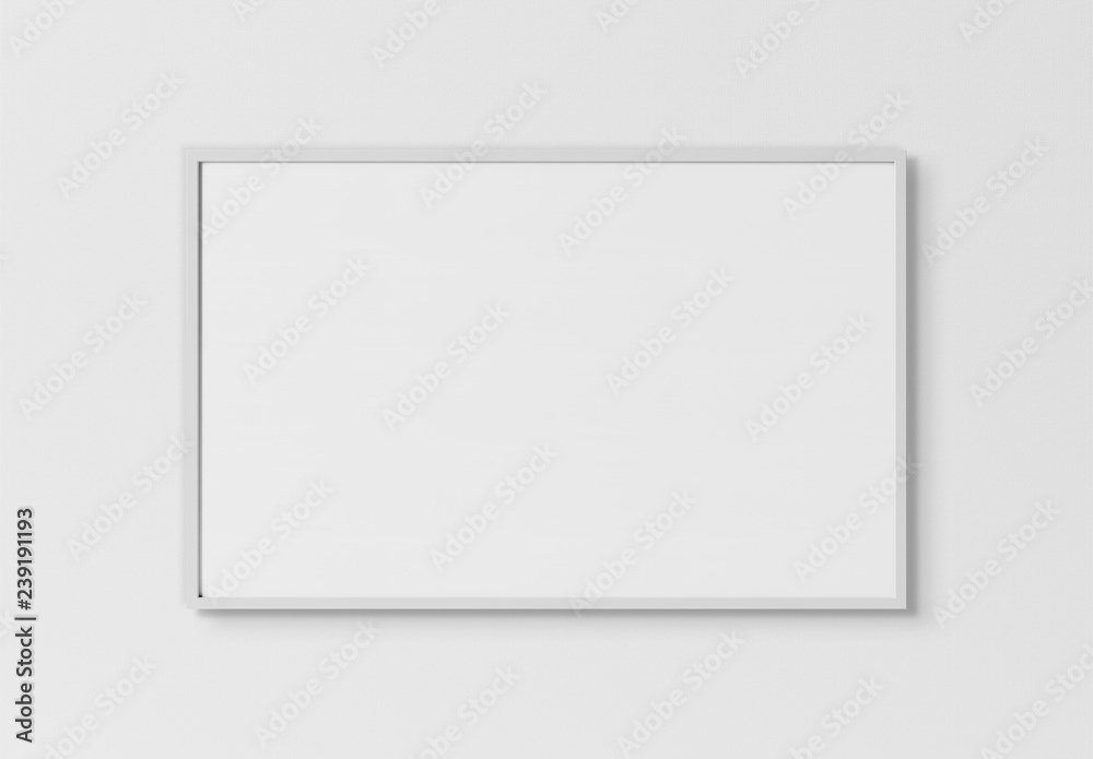 White rectangular horizontal frame hanging on a white wall mockup 3D rendering