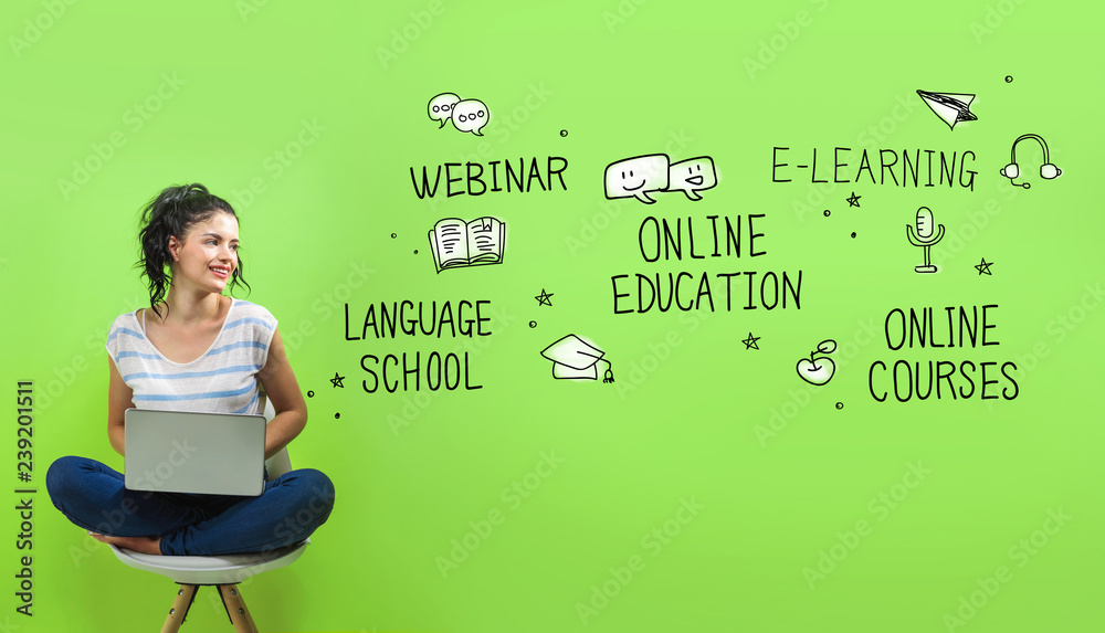 Online education theme with young woman using a laptop computer 