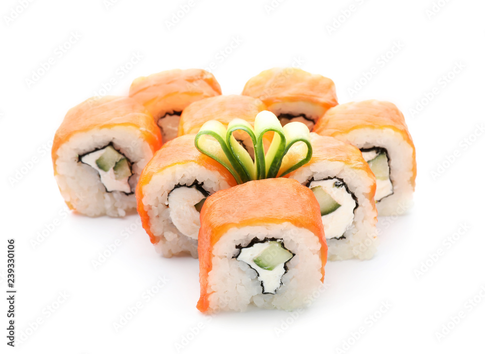 Tasty sushi rolls on white background