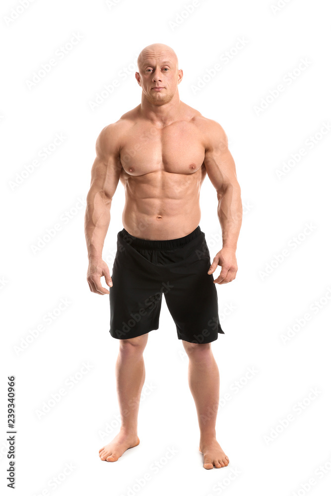 Muscular bodybuilder on white background