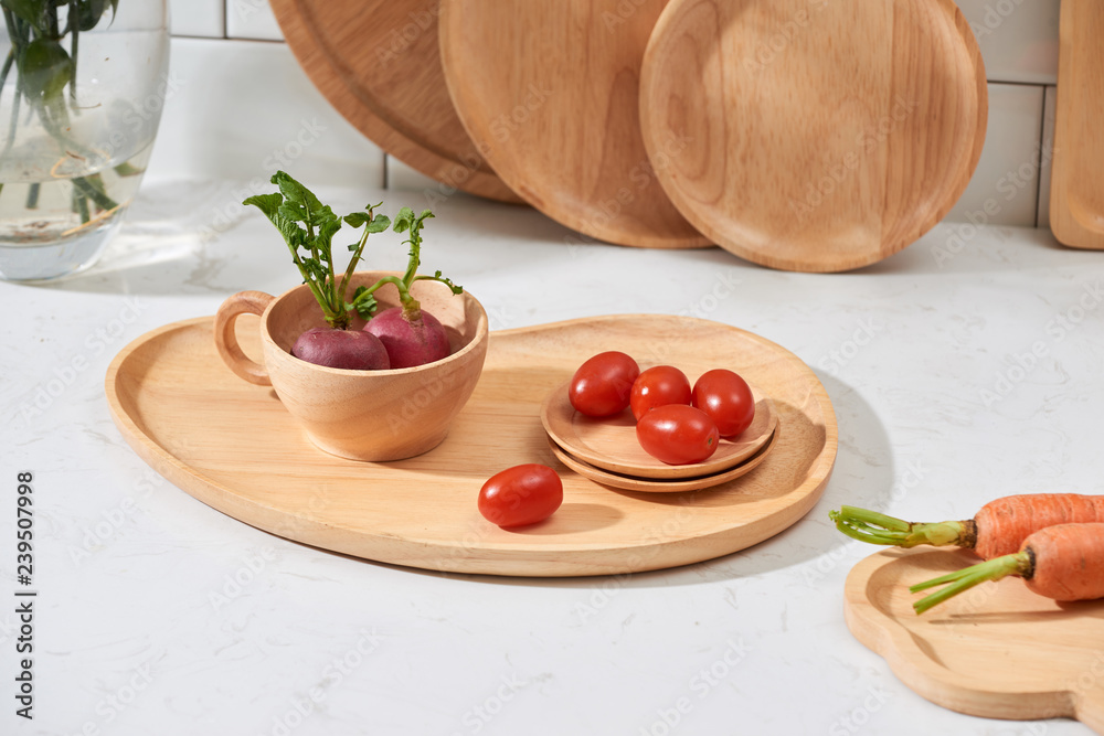 Kitchen utensils with fresh vegetable and fruit on the table. Kitchen still life.