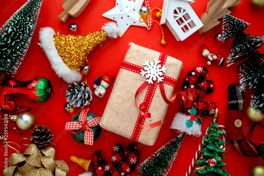 festive ideas concept Top View Christmas Gifts on red paper Background