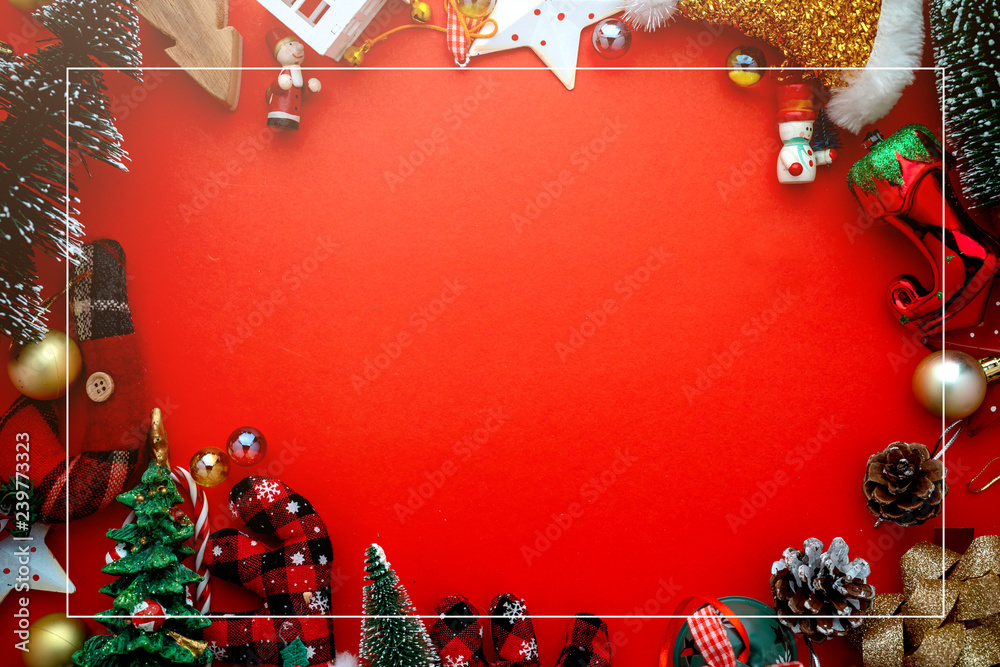 festive ideas concept Top View Christmas Gifts on red paper Background