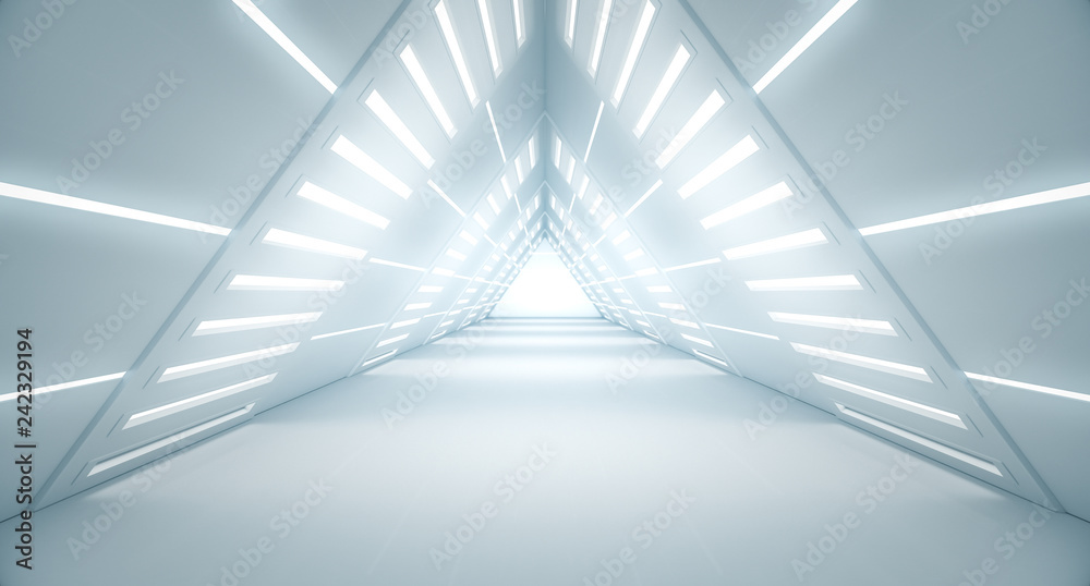 Abstract Triangle Spaceship corridor. Futuristic tunnel with light. Future interior background, busi