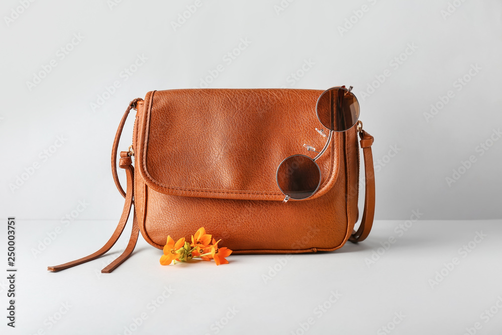 Female leather bag and sunglasses on light background