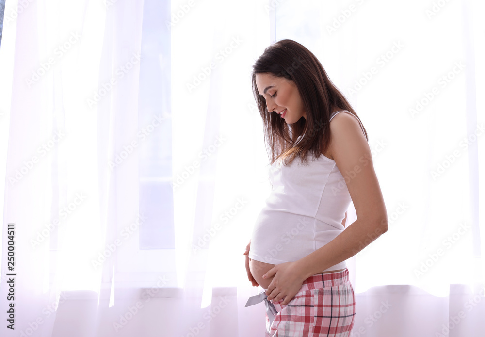 Beautiful pregnant woman near window at home