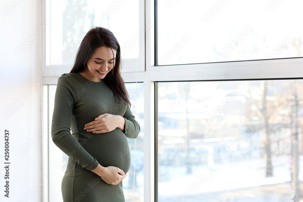 Beautiful pregnant woman near window at home