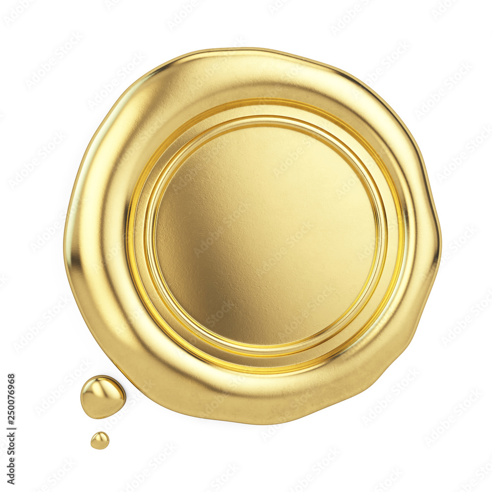 Blank golden wax seal isolated on white. 3d rendering