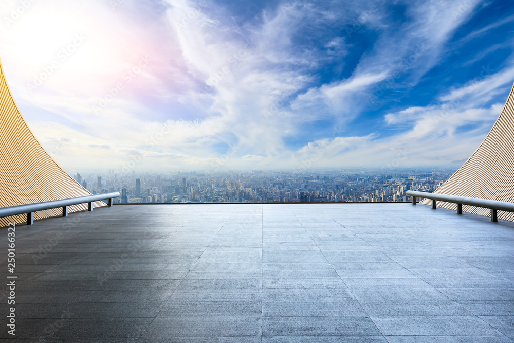 Empty floor and city skyline with buildings in Shanghai,China