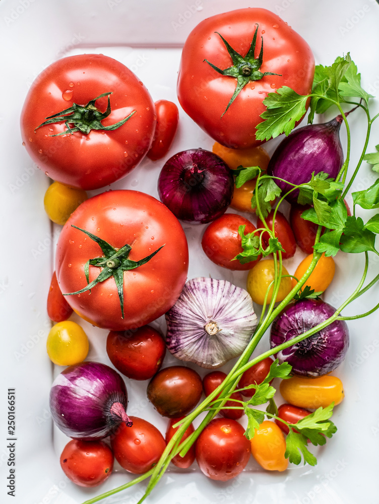 Fresh raw colorful vegetables in a tray