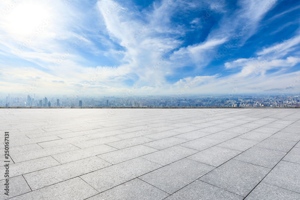 Empty floor and city skyline with buildings in Shanghai,China