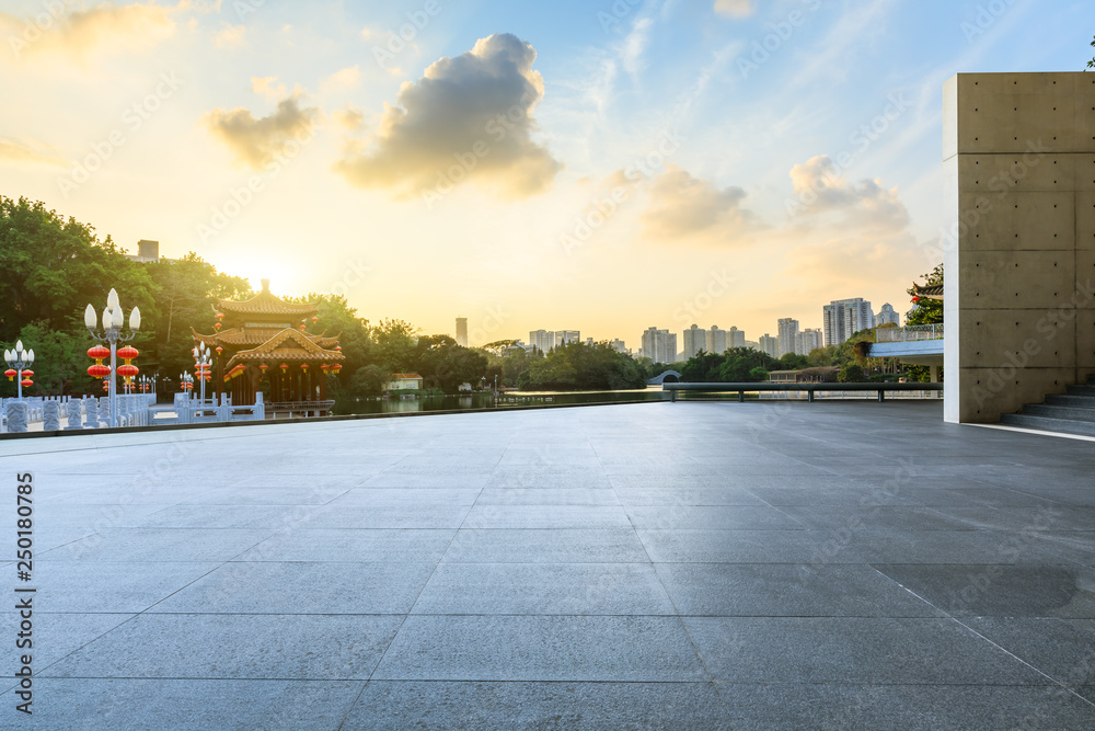 Beautiful city gardens and traditional pavilion buildings with empty floors in Shanghai,China