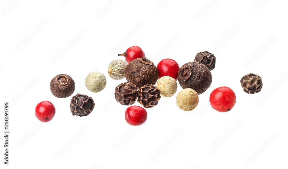 Pepper mix. Black, red, white and allspice peppercorns isolated on white background, close up