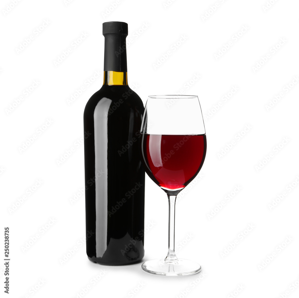 Bottle and glass of tasty wine on white background