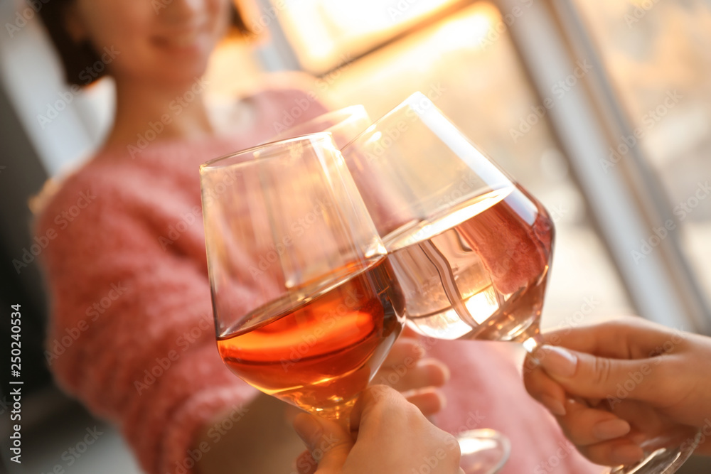 Women clinking glasses with tasty wine, closeup