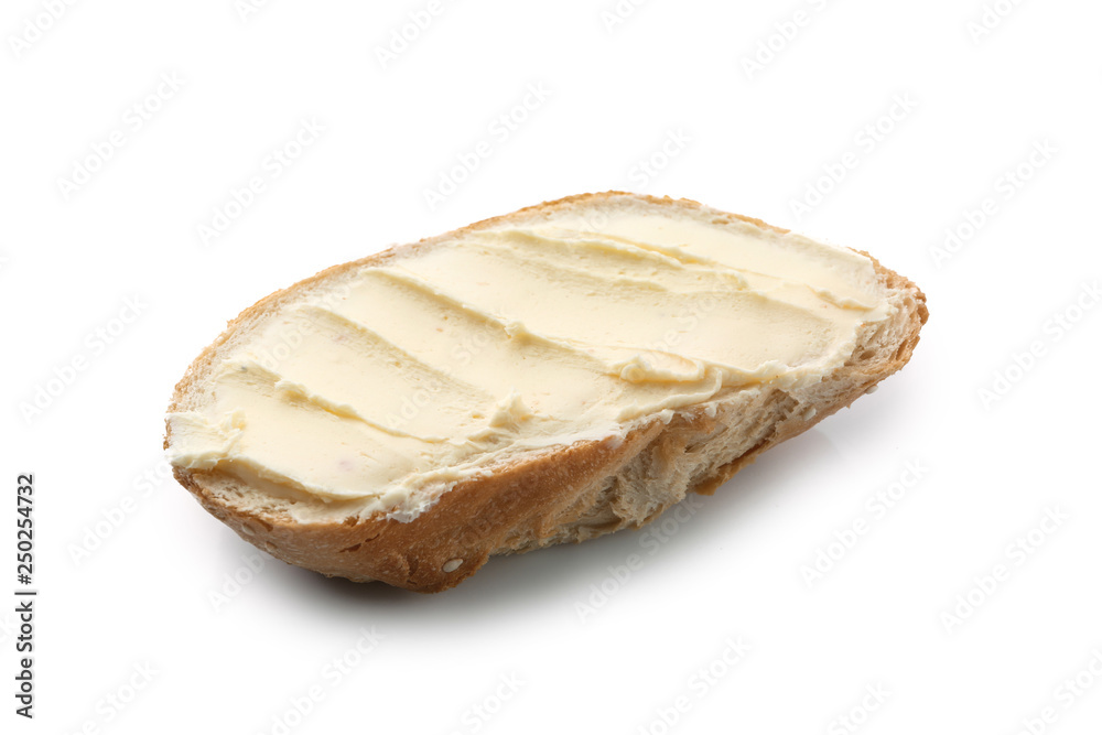 Slice of bread with butter on white background