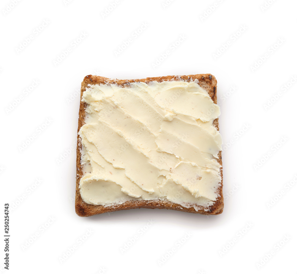 Tasty toasted bread with butter on white background