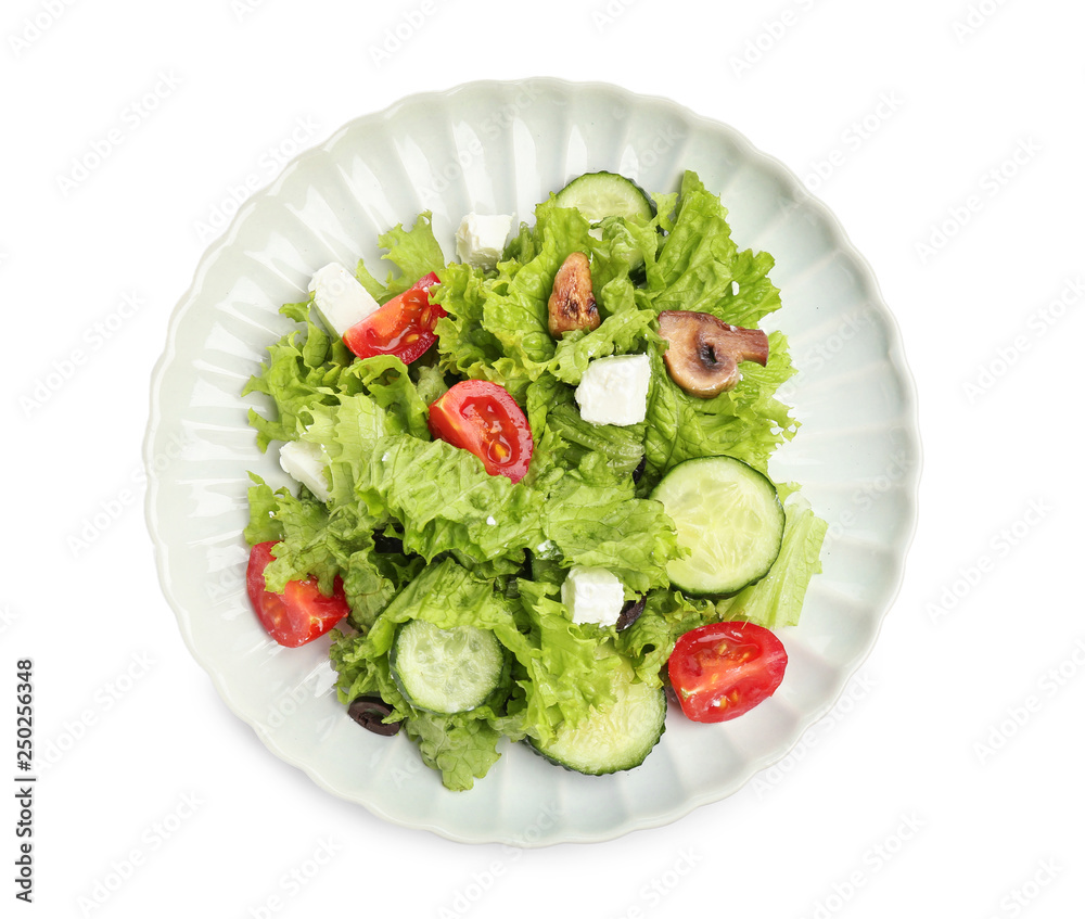 Plate with tasty fresh salad on white background