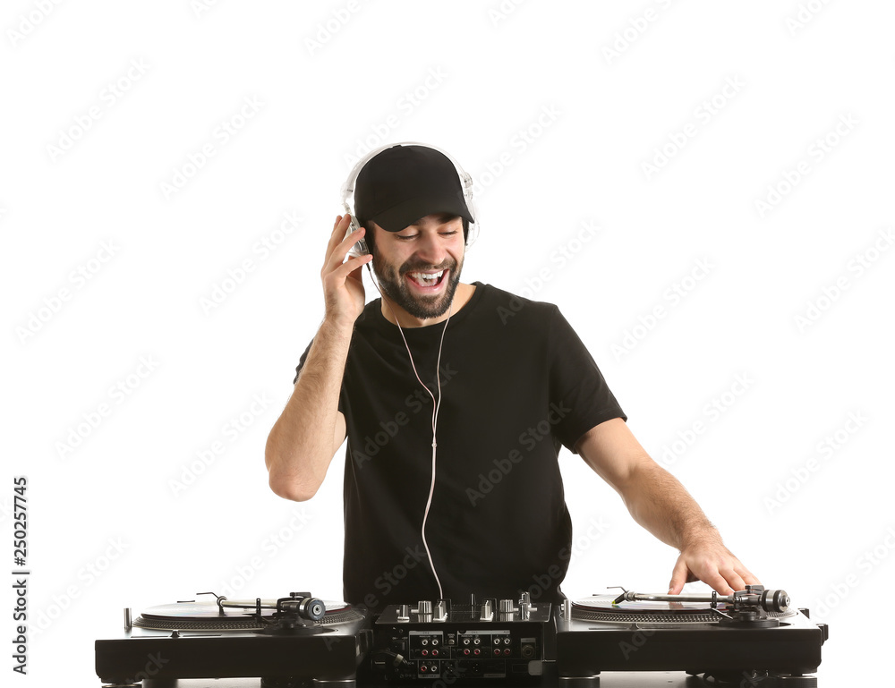 Male DJ playing music on white background