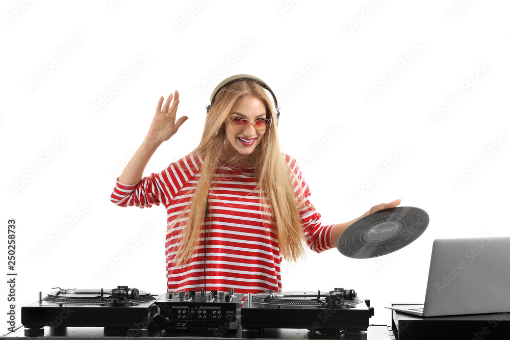 Female DJ playing music on white background