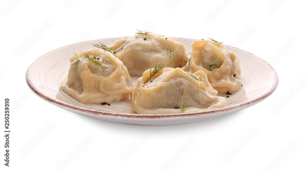 Plate with tasty dumplings on white background