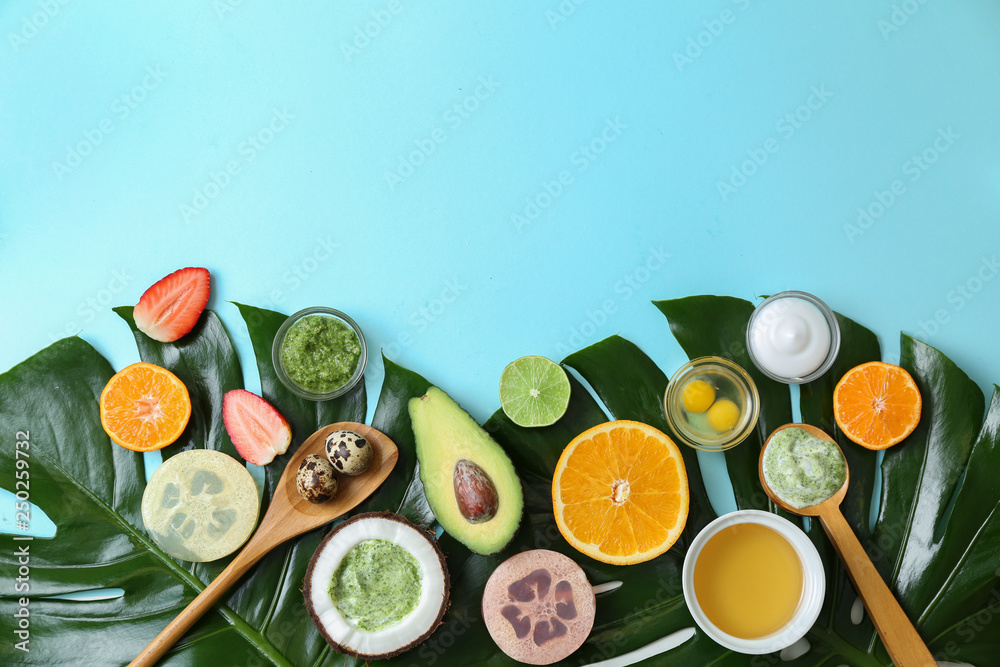 Natural ingredients for cosmetic on color background