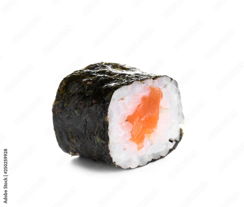 Tasty sushi roll on white background