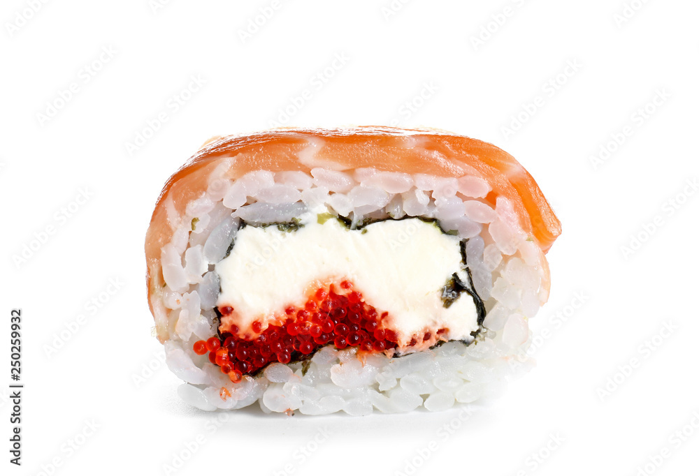 Tasty sushi roll on white background