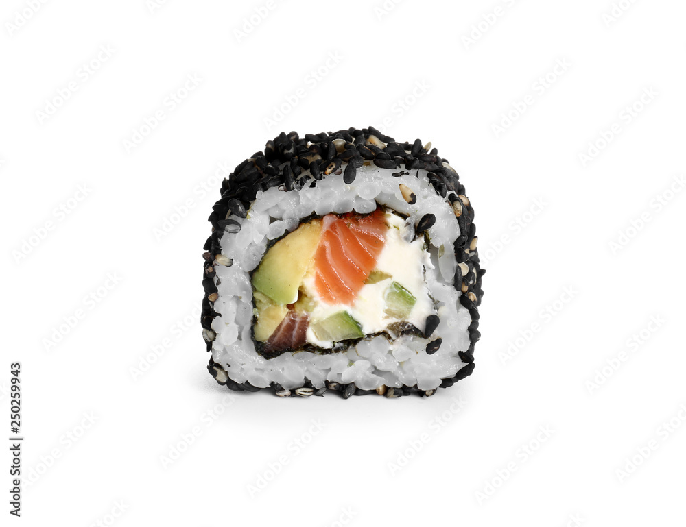 Tasty sushi roll on white background