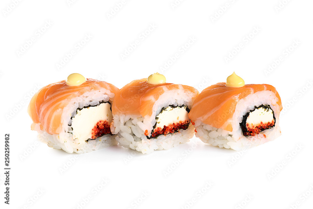 Tasty sushi rolls on white background