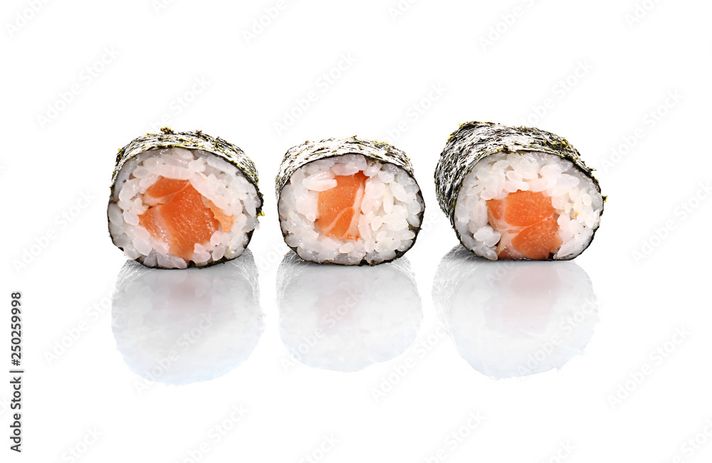 Tasty sushi rolls on white background