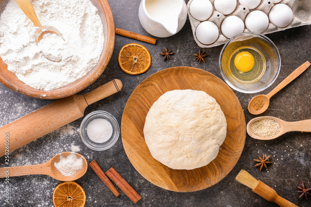 Ingredients for making bread on table