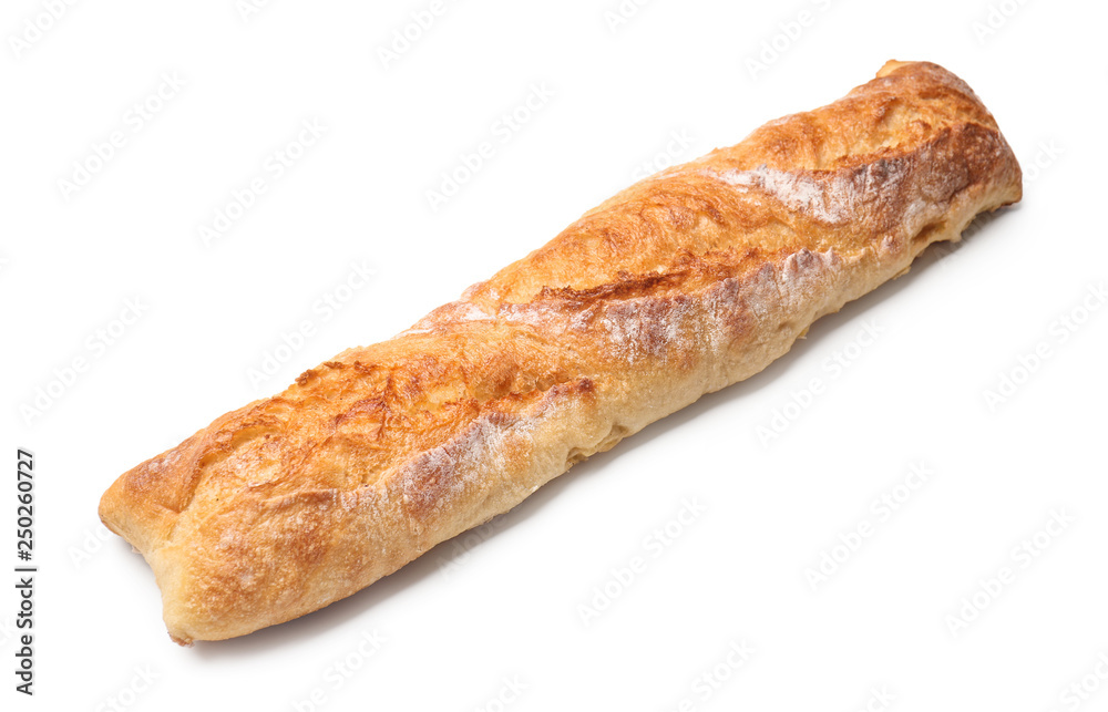 Loaf of fresh bread on white background