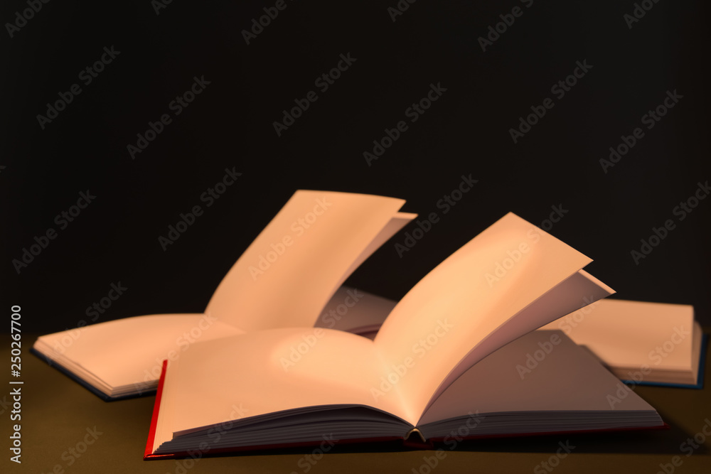 Books on table against dark background