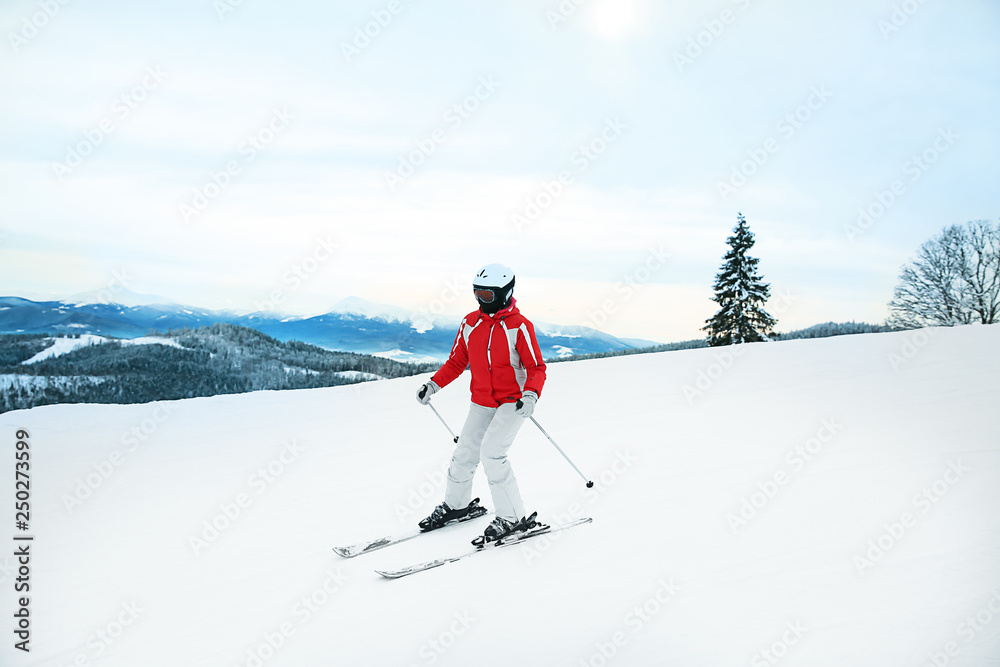 冬季度假胜地的运动型滑雪者