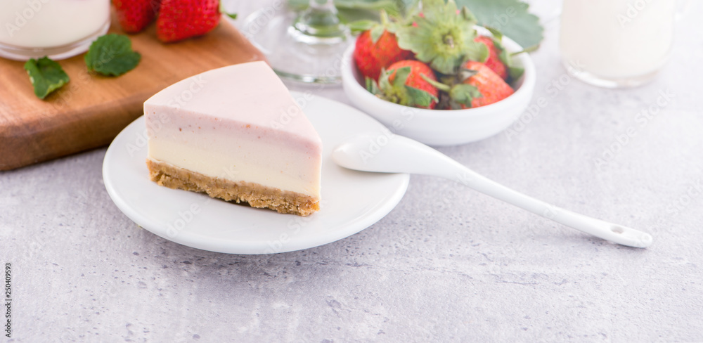 Delicious and nutritious handmade strawberry no bake frozen gradient colour fromage frais cheesecake