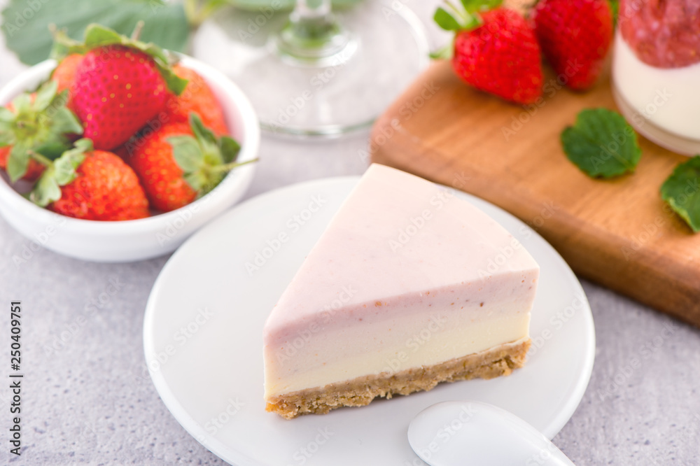 Delicious and nutritious handmade strawberry no bake frozen gradient colour fromage frais cheesecake