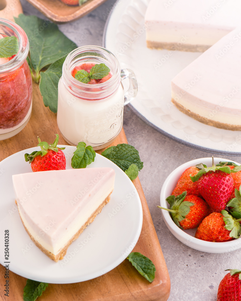 Delicious and nutritious handmade strawberry no bake frozen gradient colour fromage frais cheesecake