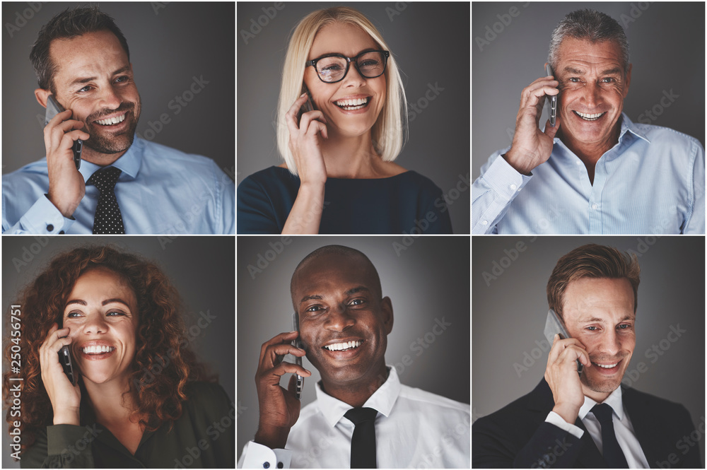 Diverse group of smiling businesspeople talking on cellphones