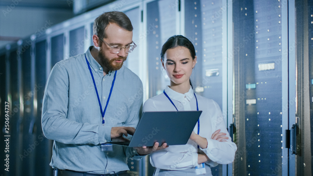 Bearded IT Technician in Glasses and Beautiful Young Engineer Colleague with a Laptop Computer are T