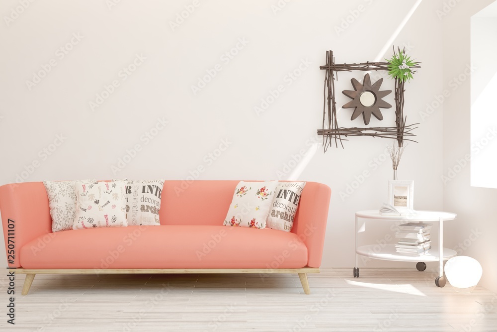 White stylish minimalist room with coral sofa. Scandinavian interior design. 3D illustration