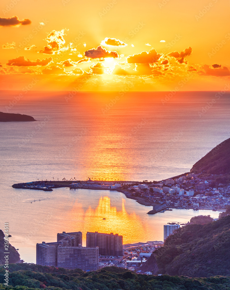 Business concept, modern cityscape of nagasaki dusk from mount inasa, the new top 3 nightview of the