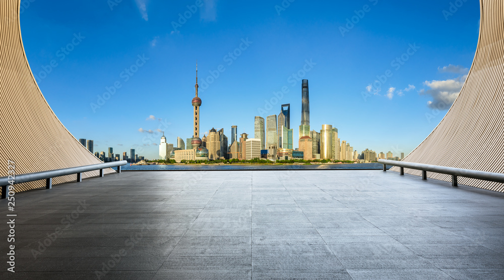 Empty square floor with panoramic city skyline in shanghai,china